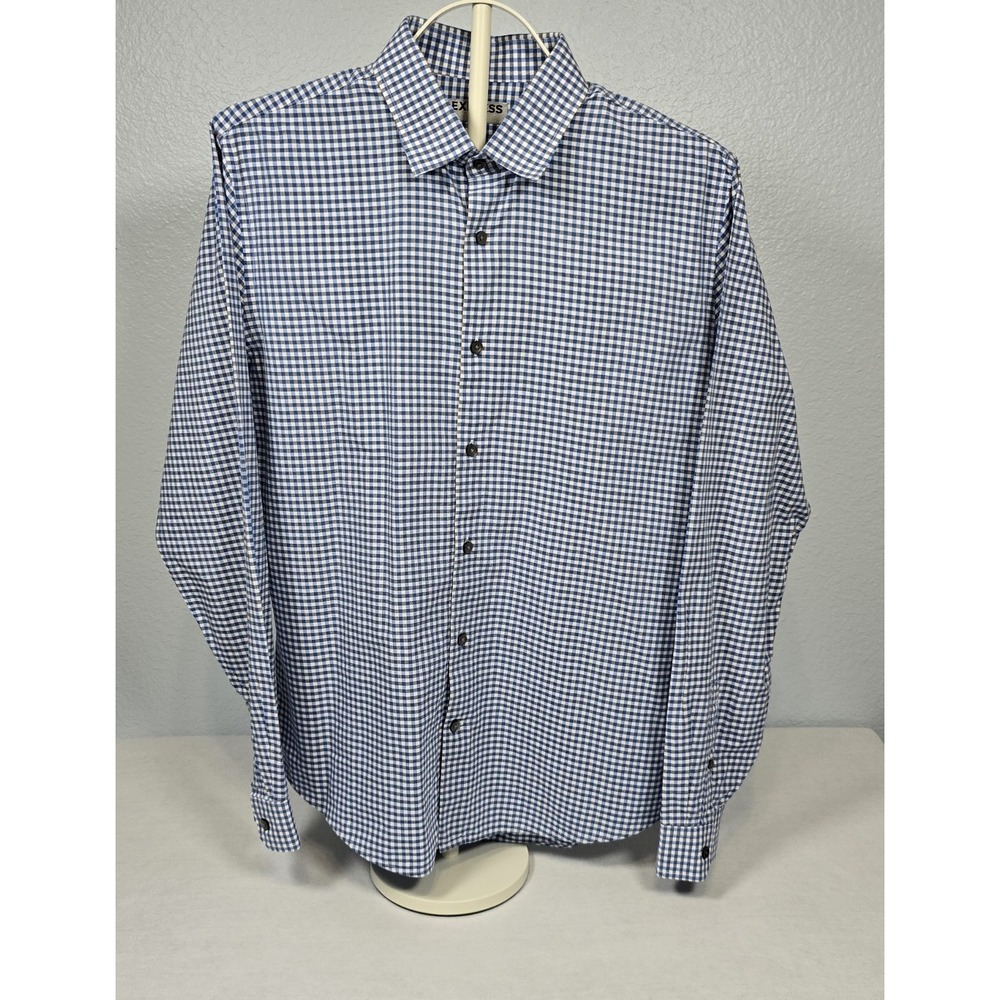 Express Mens Fitted Shirt Long Sleeve Blue & Gray Ginham Check Size Large